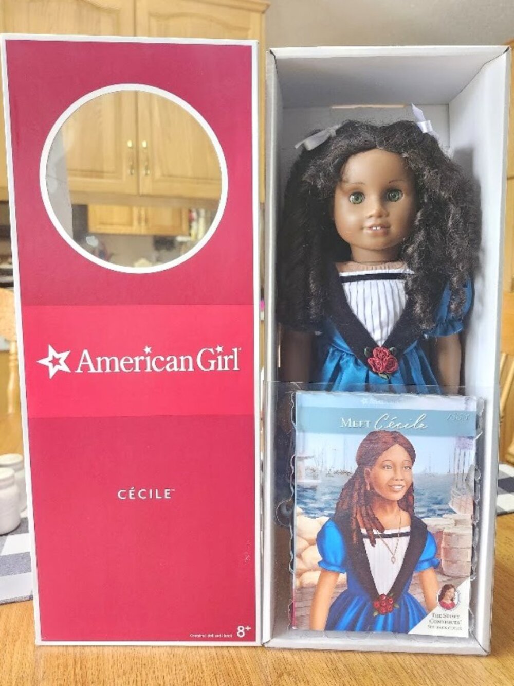 American Girl 18" Cecile Doll, book, dress, bloomers, boots, socks, in box!